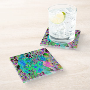 Psychedelic Trippy Lime Green and Blue Flowers Glass Coaster