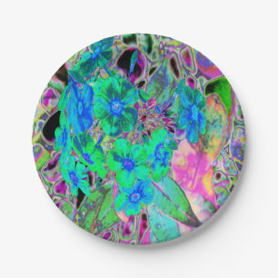 Psychedelic Trippy Lime Green and Blue Flowers Paper Plate