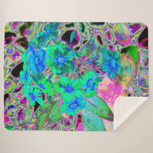Psychedelic Trippy Lime Green and Blue Flowers Sherpa Blanket