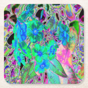 Psychedelic Trippy Lime Green and Blue Flowers Square Paper Coaster