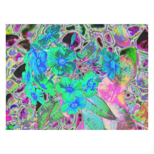Psychedelic Trippy Lime Green and Blue Flowers Tablecloth (Front (Horizontal))