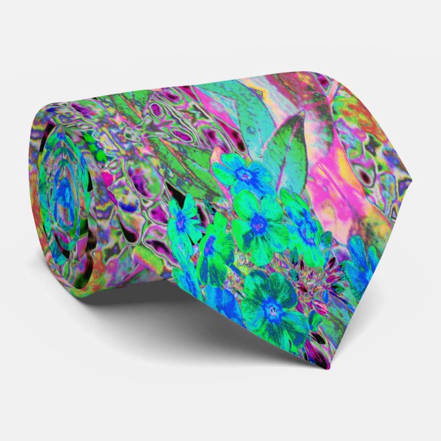 Psychedelic Trippy Lime Green and Blue Flowers Tie (Rolled)
