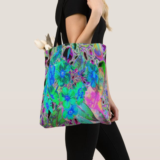 Psychedelic Trippy Lime Green and Blue Flowers Tote Bag (Close Up)