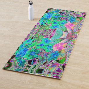 Psychedelic Trippy Lime Green and Blue Flowers Yoga Mat