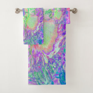 Psychedelic Trippy Lime Green and Purple Hibiscus Bath Towel Set