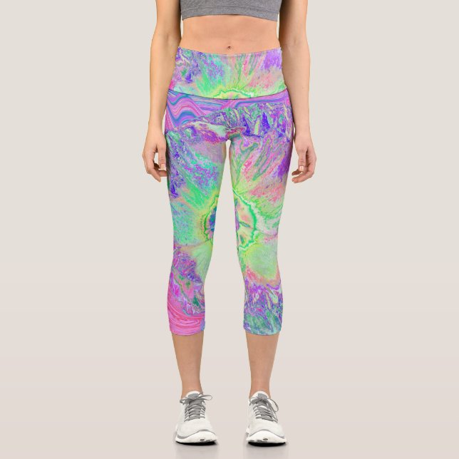 Psychedelic Trippy Lime Green and Purple Hibiscus Capri Leggings (Front)