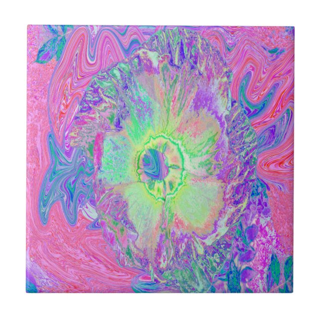 Psychedelic Trippy Lime Green and Purple Hibiscus Ceramic Tile (Front)