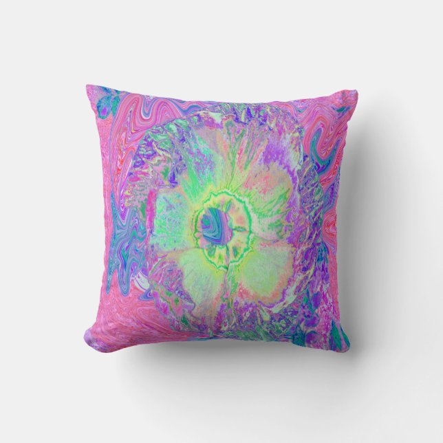 Psychedelic Trippy Lime Green and Purple Hibiscus Cushion (Front)