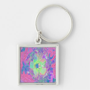 Psychedelic Trippy Lime Green and Purple Hibiscus Key Ring