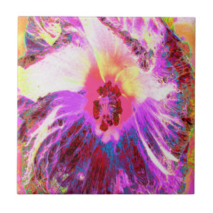 Psychedelic Trippy Rainbow Colours Hibiscus Flower Ceramic Tile