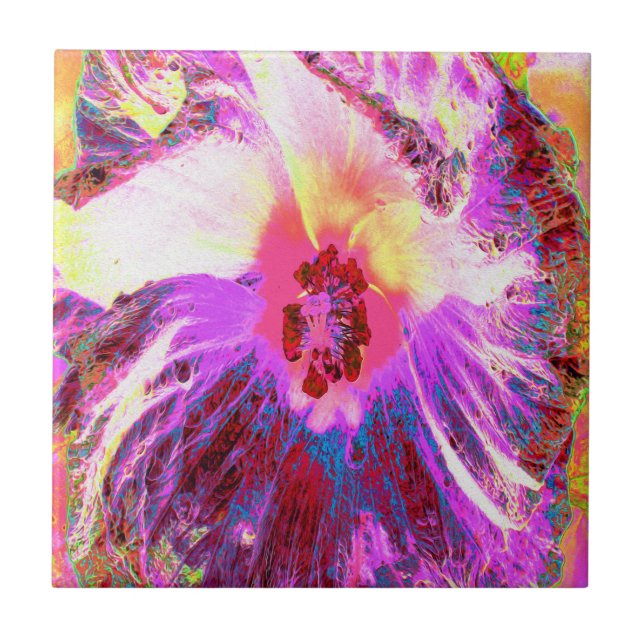 Psychedelic Trippy Rainbow Colours Hibiscus Flower Ceramic Tile (Front)