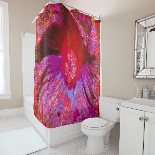 Psychedelic Trippy Retro Red Hibiscus Flower Shower Curtain (In Situ)