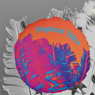 Psychedelic Tropical Vibes Palm Trees Hot Pink Round Cushion