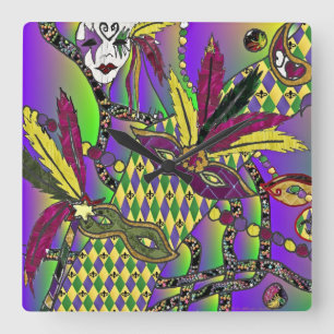 Psychedelic Tuesday Gras Feather Masks Square Wall Clock