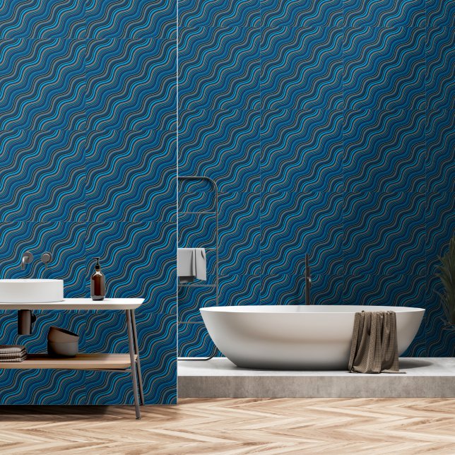 Psychedelic Turquoise Wavy Lines Wallpaper (Bathroom)