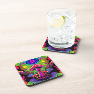 Psychedelic Vibrant Colorful Retro Mushrooms Coaster
