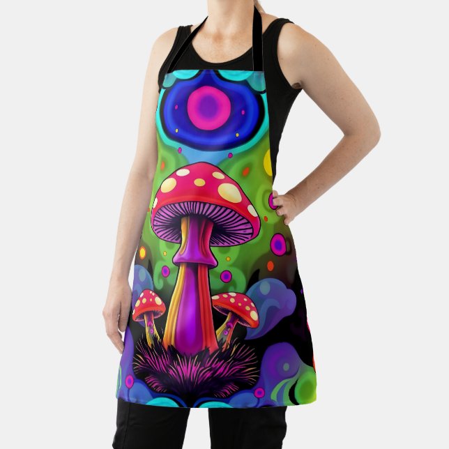 Psychedelic Vibrant Colourful Retro Mushrooms Apron (Insitu)