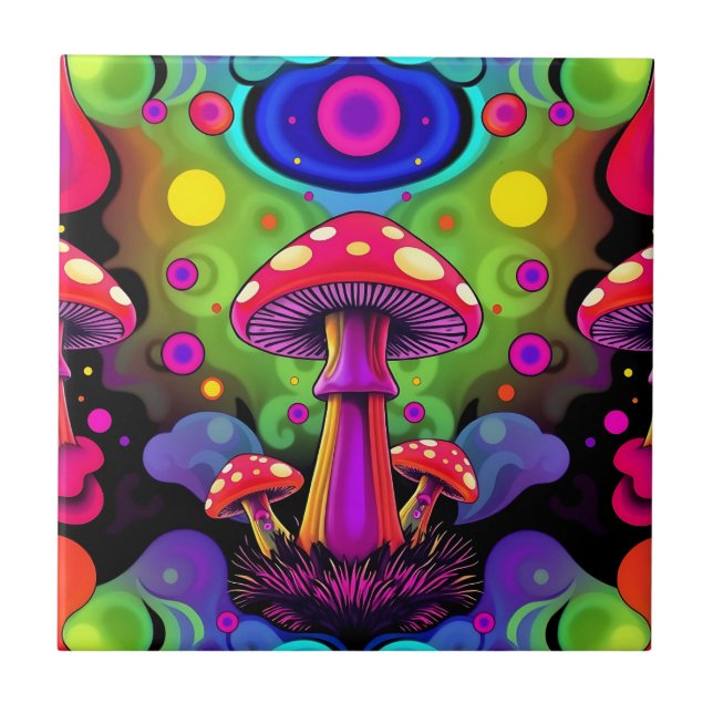 Psychedelic Vibrant Colourful Retro Mushrooms Ceramic Tile (Front)