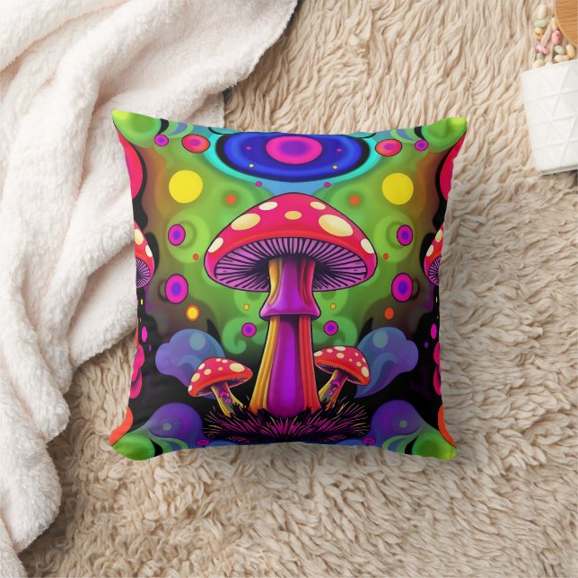 Psychedelic Vibrant Colourful Retro Mushrooms Cushion (Blanket)