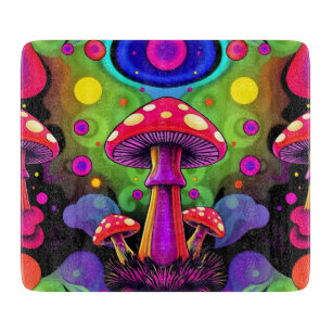 Psychedelic Vibrant Colourful Retro Mushrooms Cutting Board