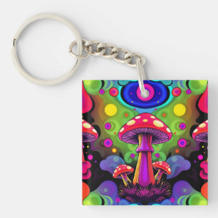 Psychedelic Vibrant Colourful Retro Mushrooms Key Ring