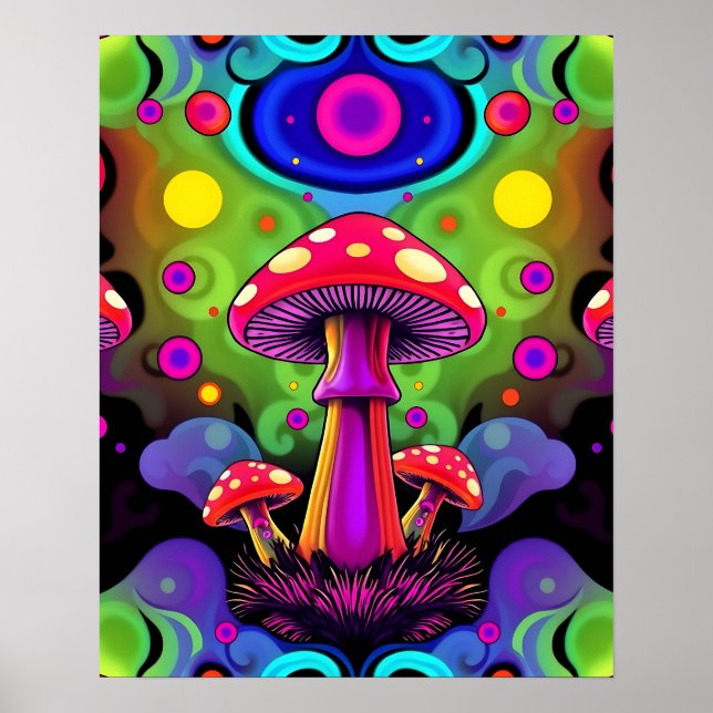 Psychedelic Vibrant Colourful Retro Mushrooms Poster (Front)