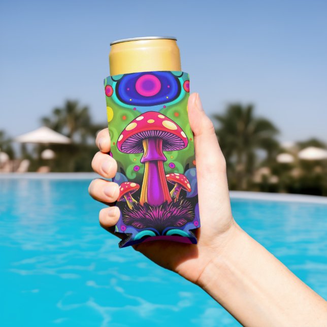 Psychedelic Vibrant Colourful Retro Mushrooms Seltzer Can Cooler (In Situ Pool)