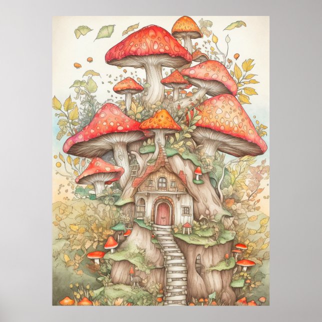 Psychedelic Vintage Forest Mushroom Dwelling Poster (Front)