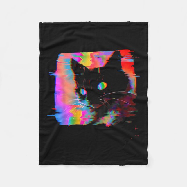 Psychedelic Weirdcore Cat Vaporwave Aesthetic Trip Fleece Blanket (Front)