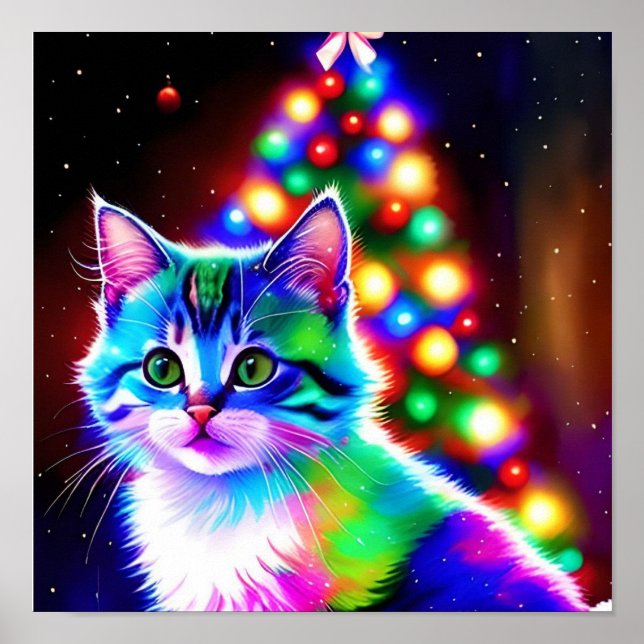 Psychedelic Whimsical Christmas Kitten Waiting Poster (Front)