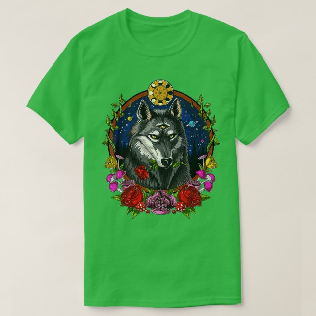 Psychedelic Wolf Forest Animal Moon Phases Fantasy T-Shirt (Design Front)