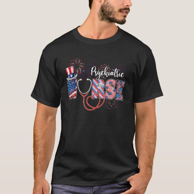 Psychiatric Nurse 4th Of July Love Heart Stethosco T-Shirt (Front)