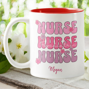 Psychiatric Nurse Pink Pastel Groovy Floral Two-Tone Coffee Mug
