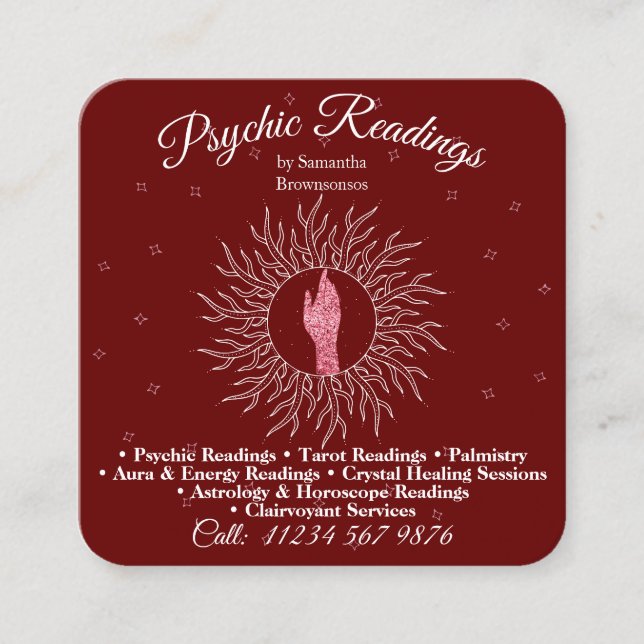 Psychic Medium Burgundy Massage Therapy Healing Square Business Card (Front)