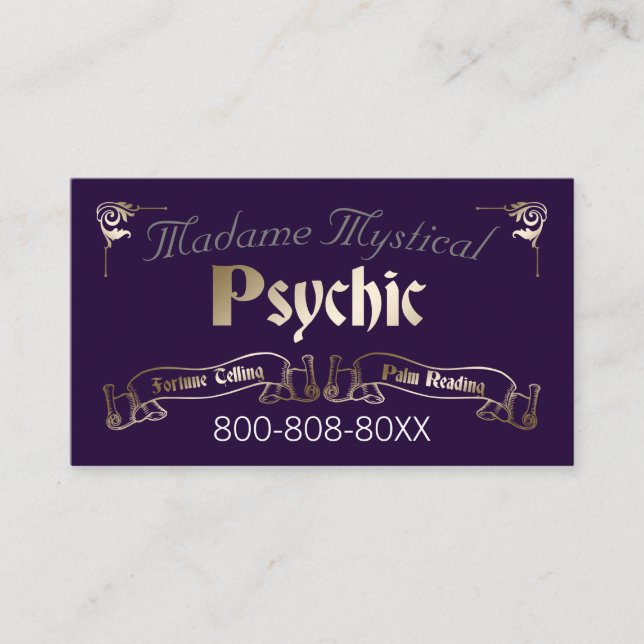 Psychic Medium Fortune Teller in Gold and Purple Business Card (Front)
