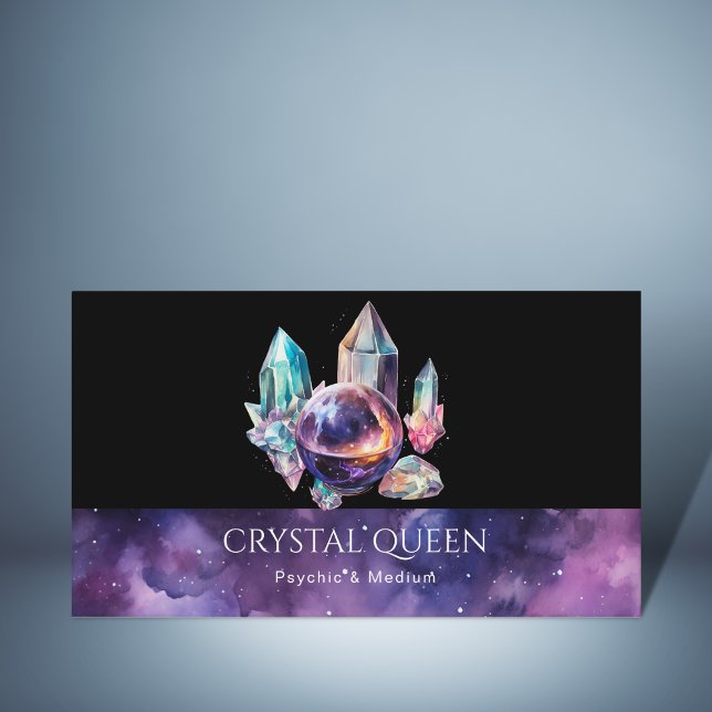 Psychic Medium Purple Galaxy Mystic Crystal Ball Business Card (CRYSTAL BALL AND CRYSTALS, WATERCOLOR, PURPLR COLOR
)