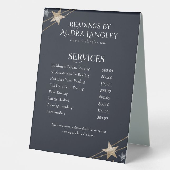 Psychic Medium, Tarot Reader Astrologer Price List (Front)