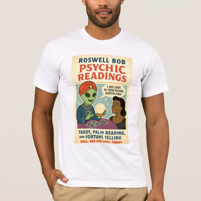 Psychic Readings Brunette Woman Roswell Aliens T-Shirt (Front)