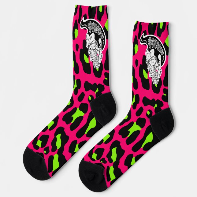 Psycho Skull Hot Pink Leopard Print Socks (Left)