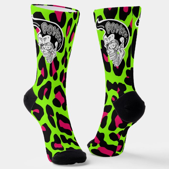 Psycho Skull Lime Leopard Print Socks (Angled)