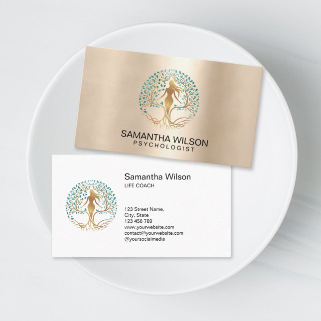 Psychologist Therapist Life Coach Tree of Life Business Card (woman silhouette in the tree of life, life coach and personal growth business cards)