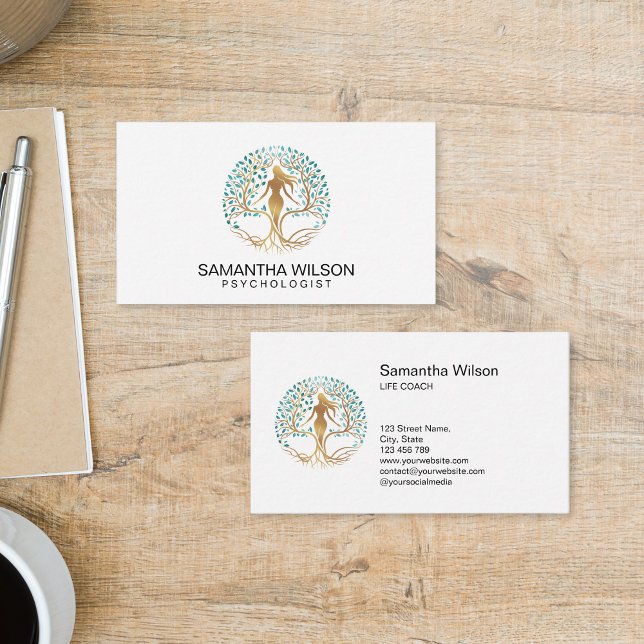 Psychologist Therapist Life Coach Tree of Life Business Card (woman silhouette in the tree of life, life coach and personal growth business cards)