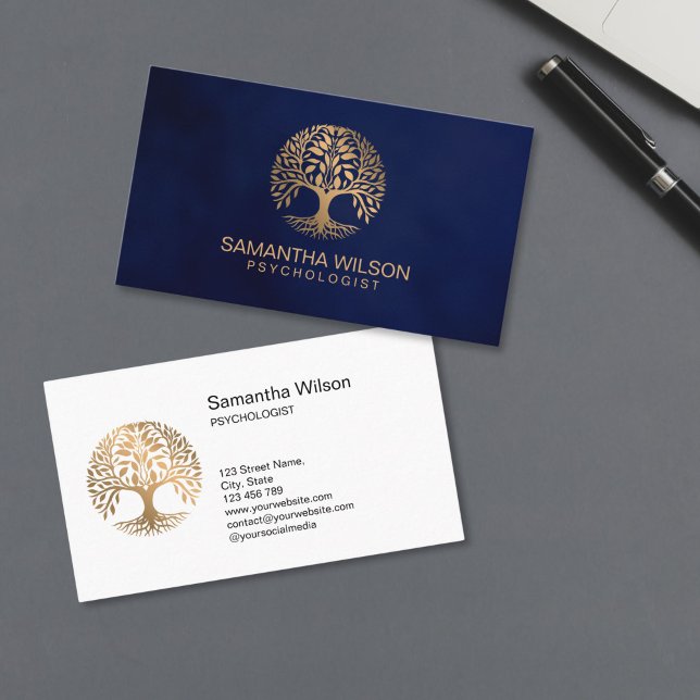 Psychologist Therapy Counsellor Psychiatrist Brain Business Card (brain incorporated in the circle tree shape, gold therapist logo design)