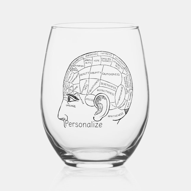 Psychology vintage phrenology psychiatry brain  stemless wine glass (Front)