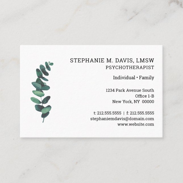Psychotherapist Eucalyptus European Business Card (Front)