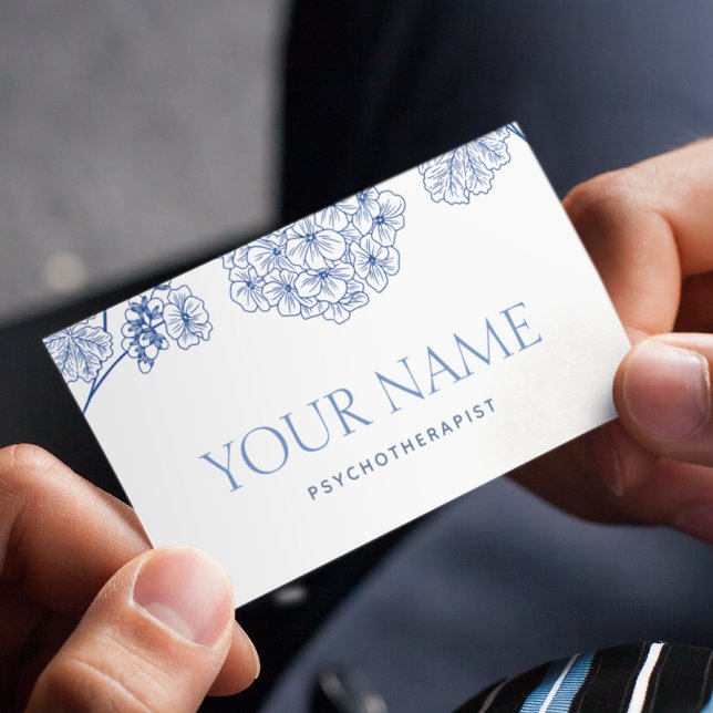 Psychotherapist Family Counsellor Drawn Floral Blu Business Card (Creator Uploaded)