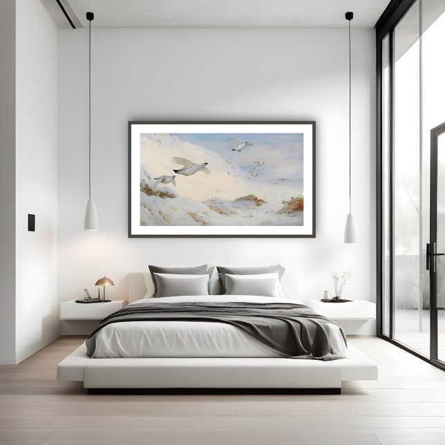 Ptarmigan in winter plumage,flying across the snow poster (Creator Uploaded)