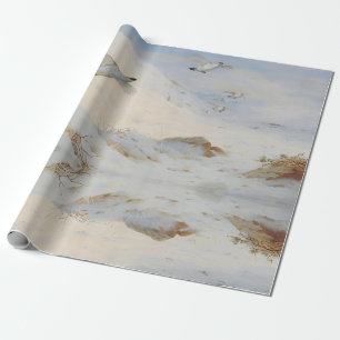 Ptarmigan in winter plumage,flying across the snow wrapping paper