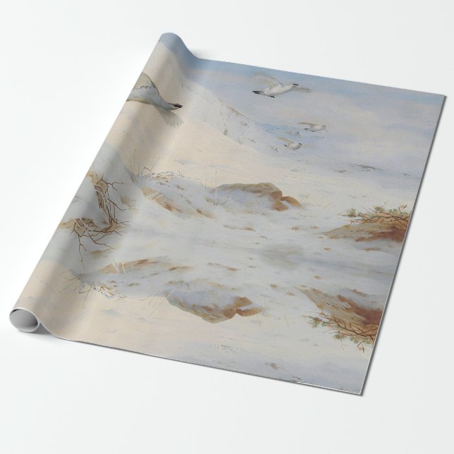 Ptarmigan in winter plumage,flying across the snow wrapping paper (Unrolled)