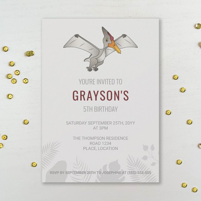 Pteranodon Dinosaur Minimalist Grey Birthday Invitation (Creator Uploaded)